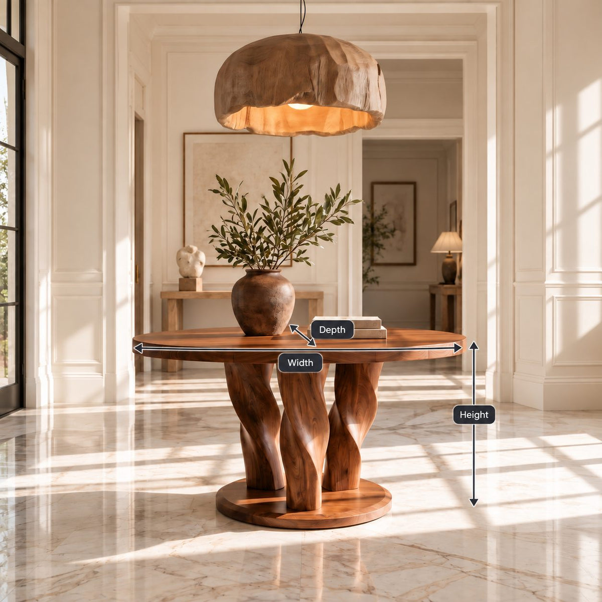 Twisted Tree Round Entryway Table with Three Carved Legs on Plinth, Rustic Solid Wood Foyer Table