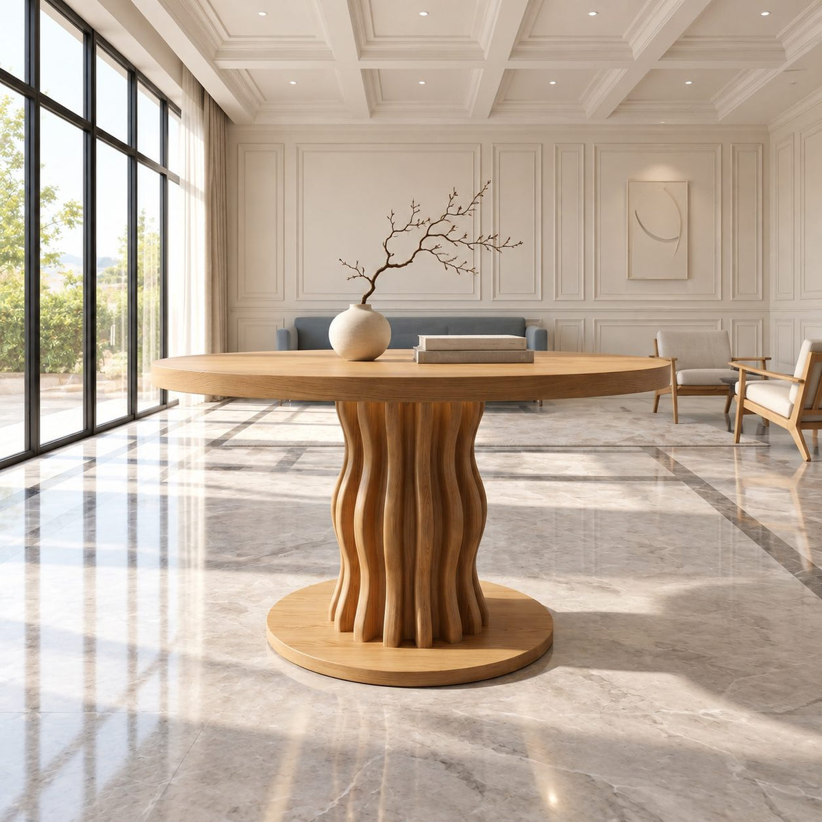 Round Entryway Table with Wavy Ribbed Pedestal on Round Plinth, Contemporary Solid Wood Foyer Table