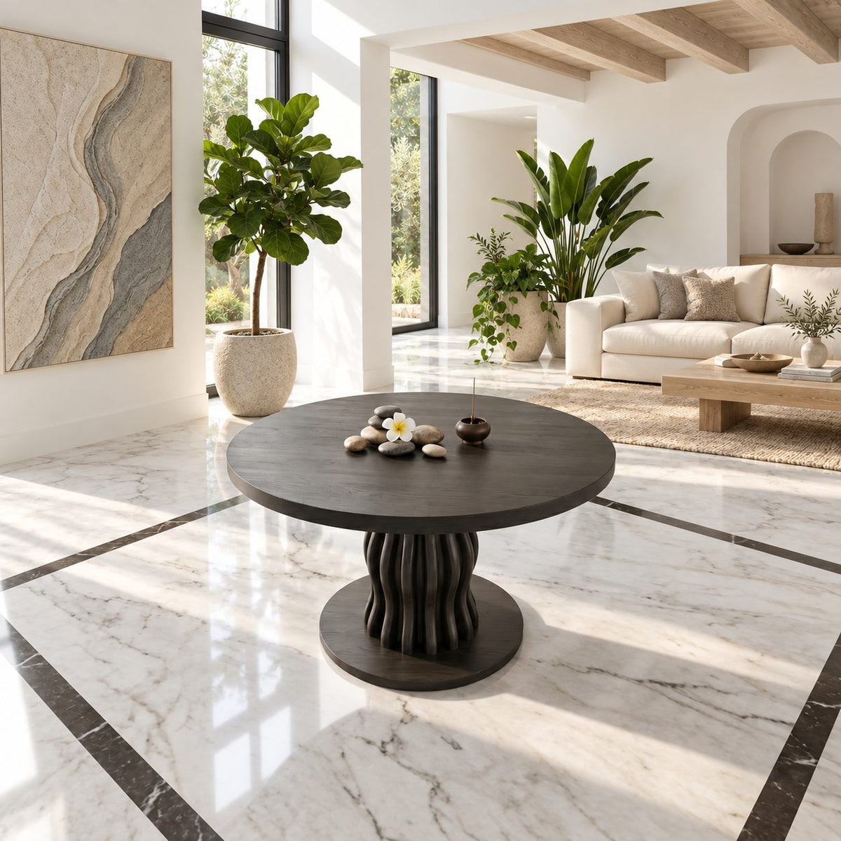 Round Entryway Table with Wavy Ribbed Pedestal on Round Plinth, Contemporary Solid Wood Foyer Table
