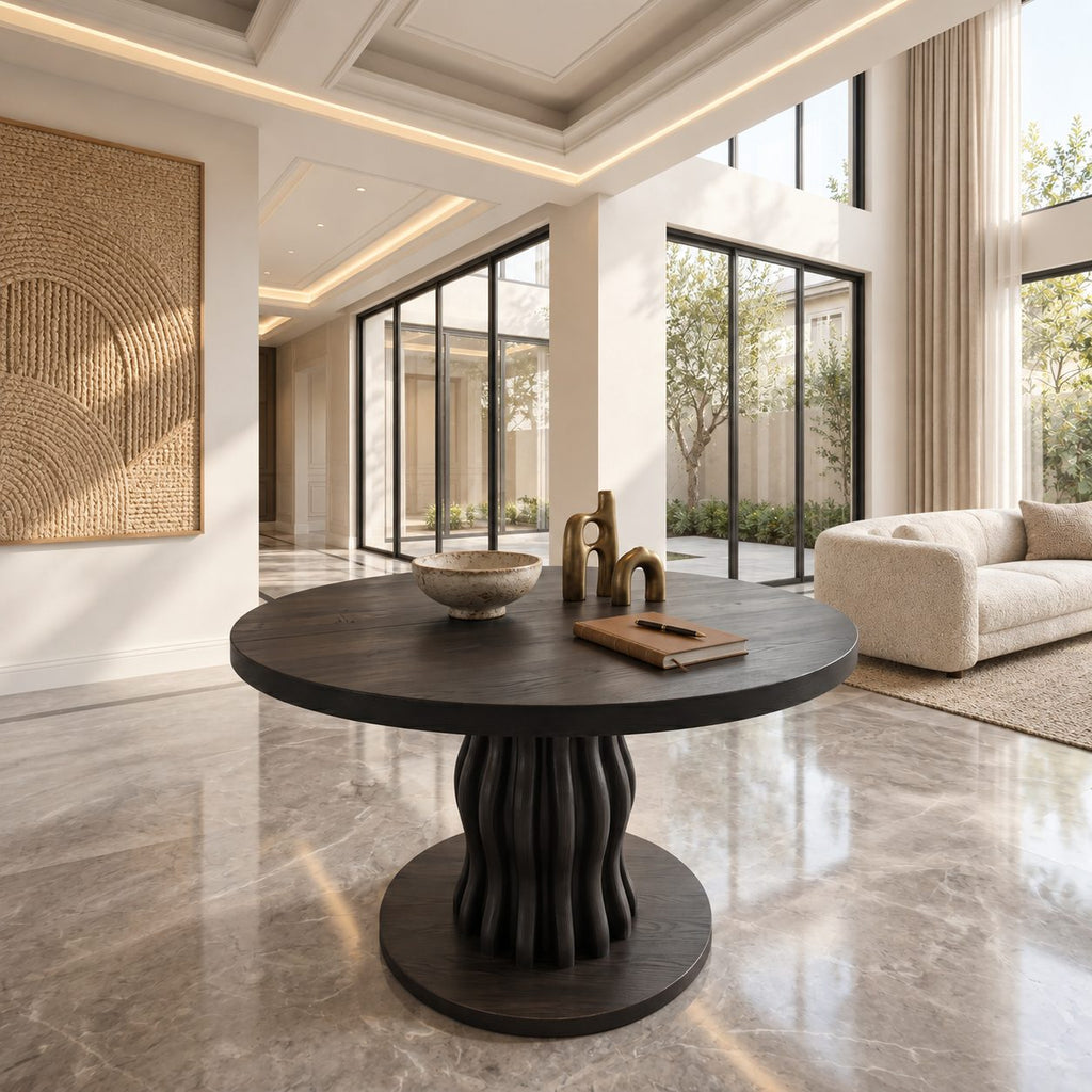 Round Entryway Table with Wavy Ribbed Pedestal on Round Plinth, Contemporary Solid Wood Foyer Table