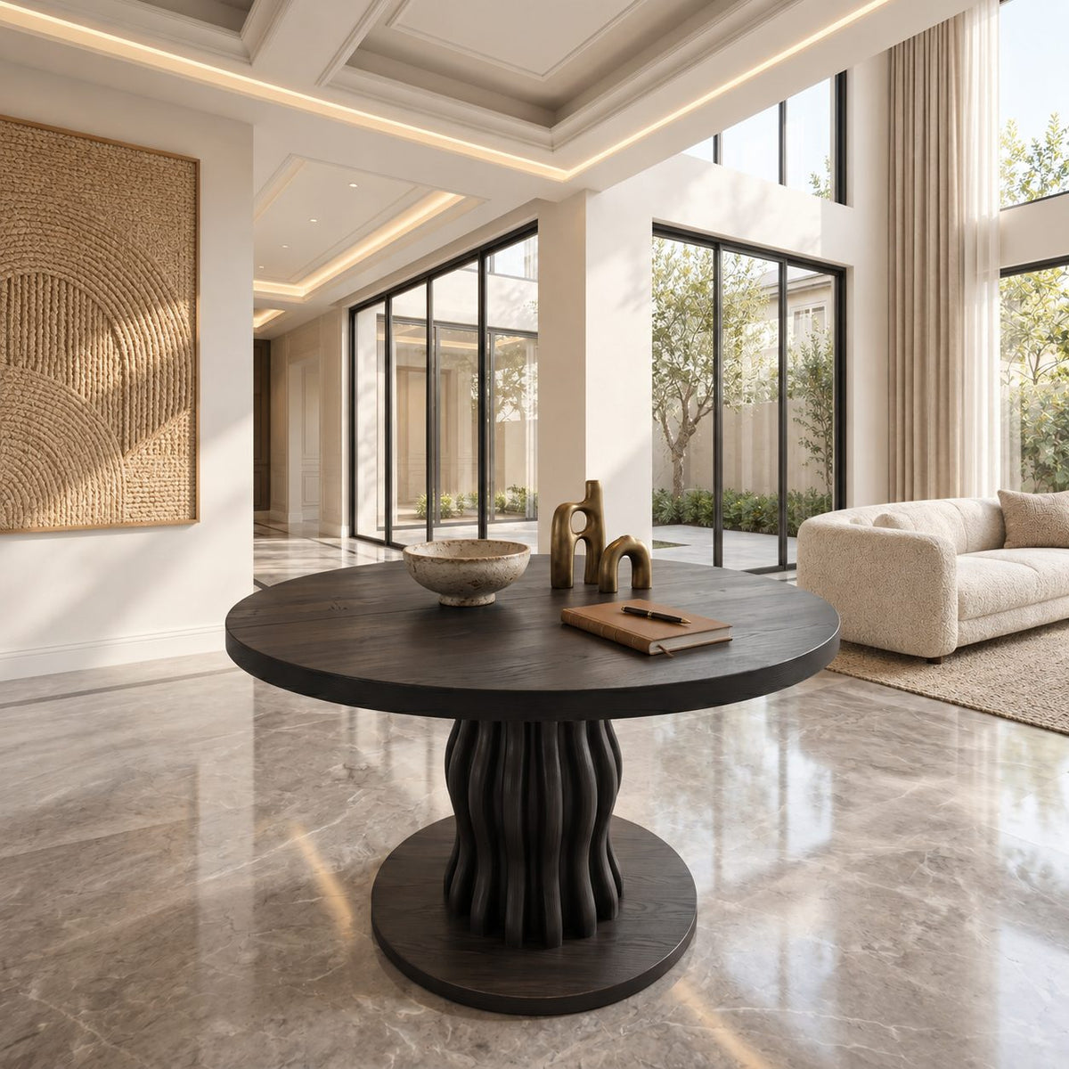 Round Entryway Table with Wavy Ribbed Pedestal on Round Plinth, Contemporary Solid Wood Foyer Table