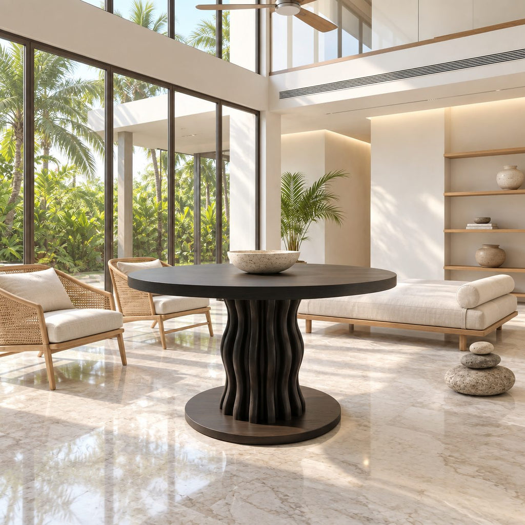 Round Entryway Table with Wavy Ribbed Pedestal on Round Plinth, Contemporary Solid Wood Foyer Table