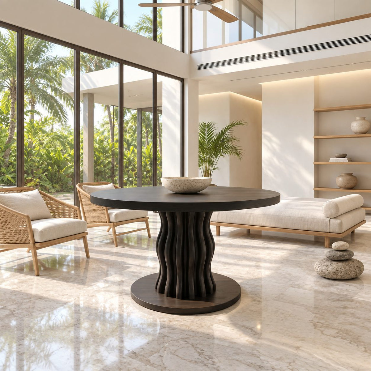 Round Entryway Table with Wavy Ribbed Pedestal on Round Plinth, Contemporary Solid Wood Foyer Table