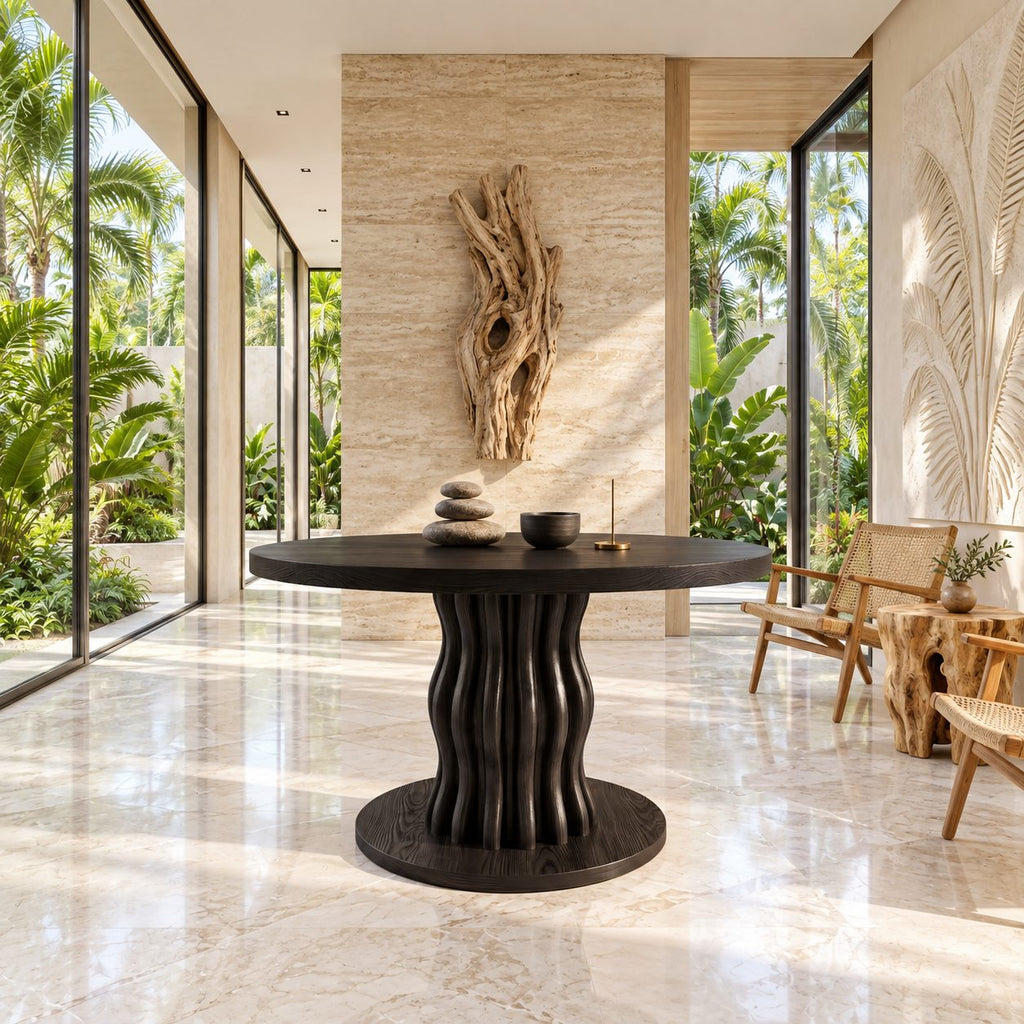 Round Entryway Table with Wavy Ribbed Pedestal on Round Plinth, Contemporary Solid Wood Foyer Table