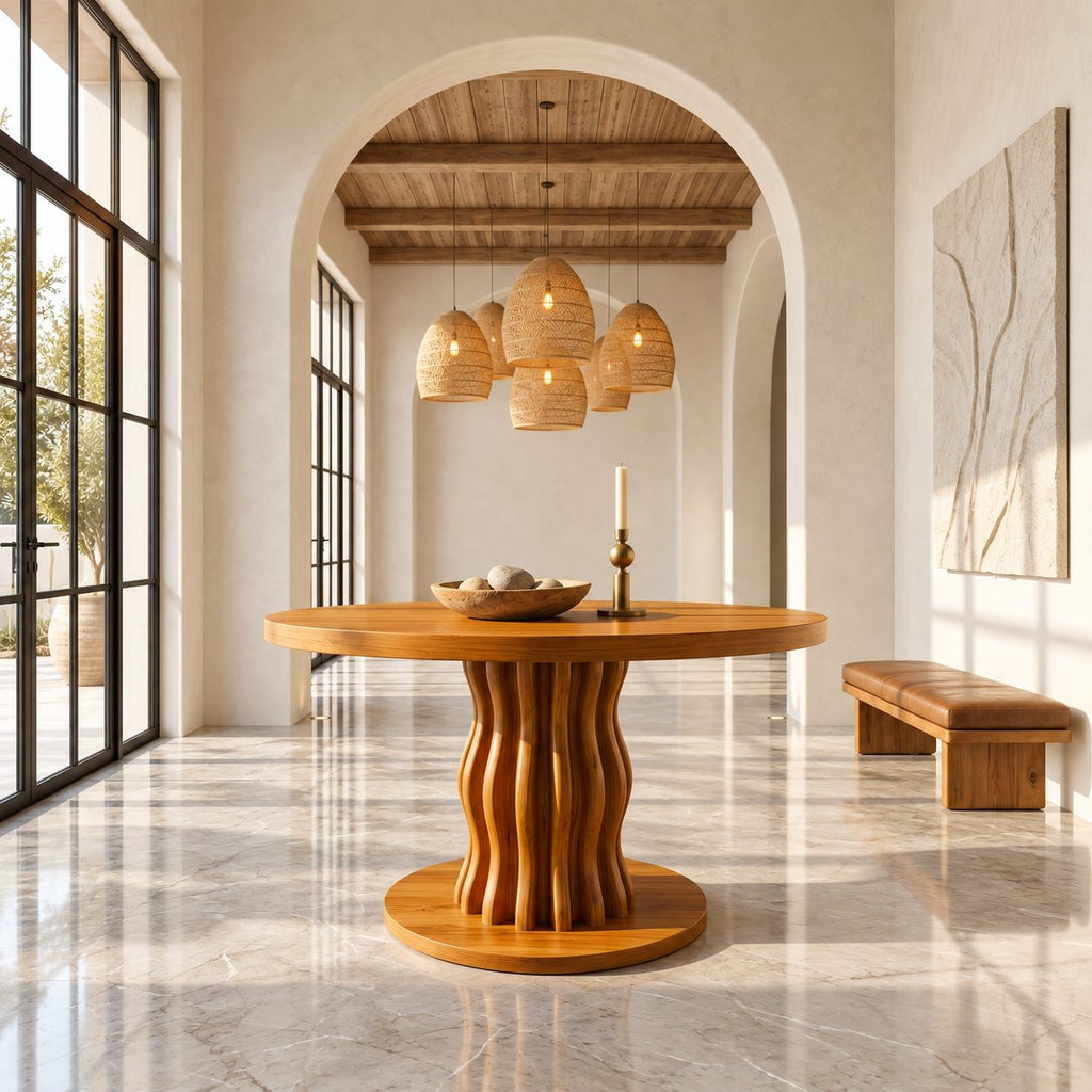 Round Entryway Table with Wavy Ribbed Pedestal on Round Plinth, Contemporary Solid Wood Foyer Table