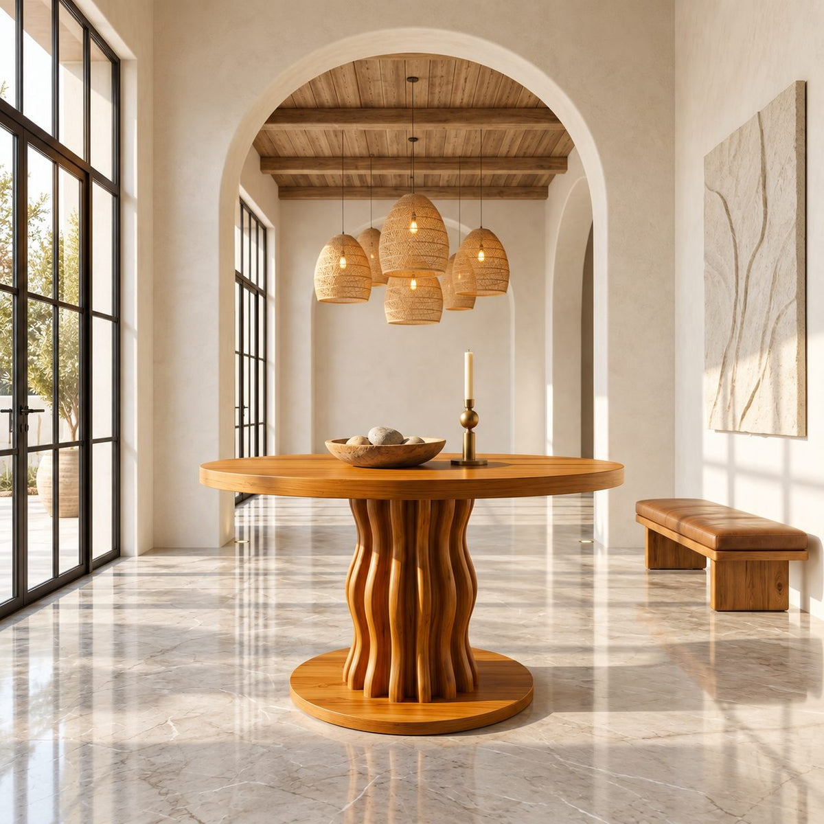 Round Entryway Table with Wavy Ribbed Pedestal on Round Plinth, Contemporary Solid Wood Foyer Table