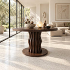 Round Entryway Table with Wavy Ribbed Pedestal on Round Plinth, Contemporary Solid Wood Foyer Table