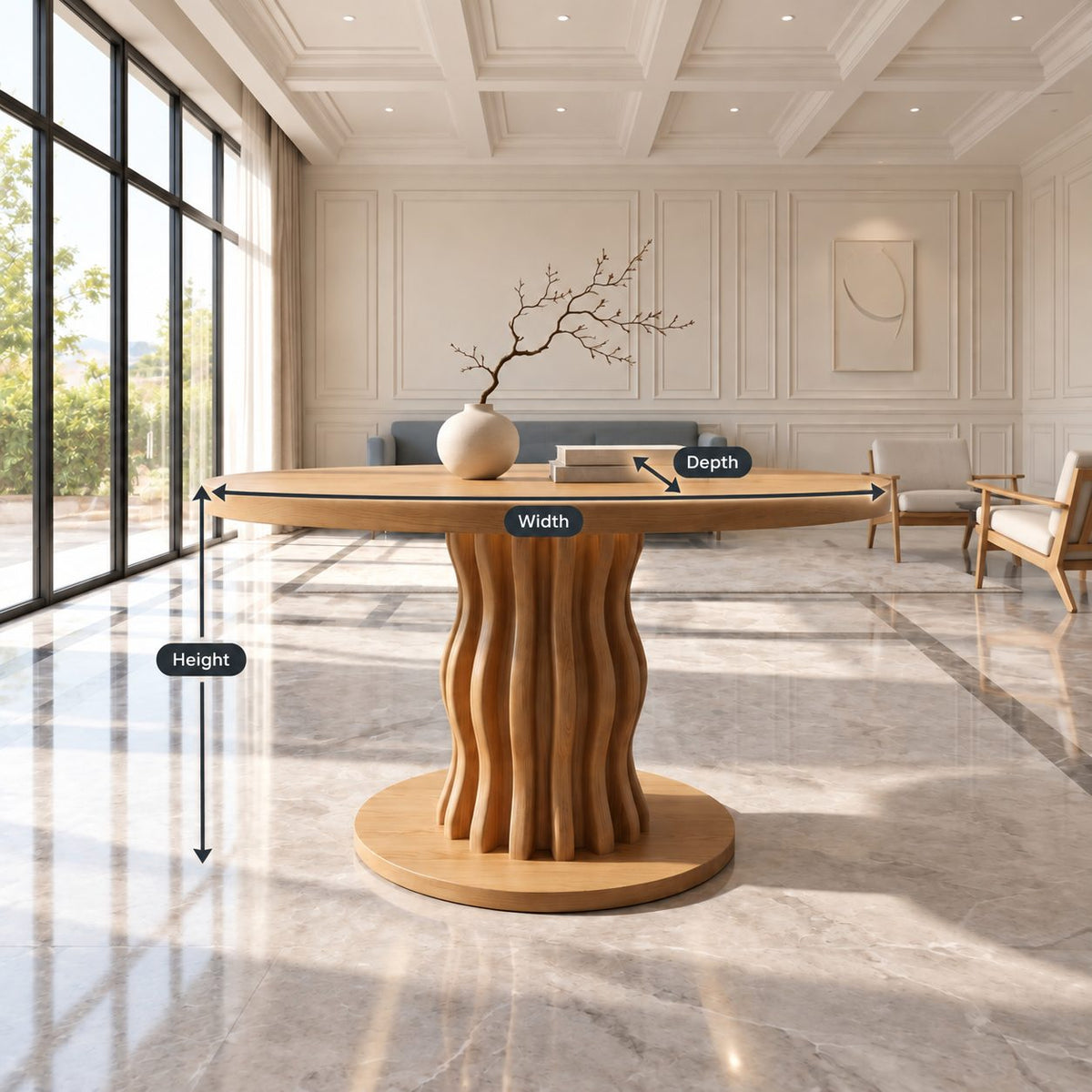 Round Entryway Table with Wavy Ribbed Pedestal on Round Plinth, Contemporary Solid Wood Foyer Table