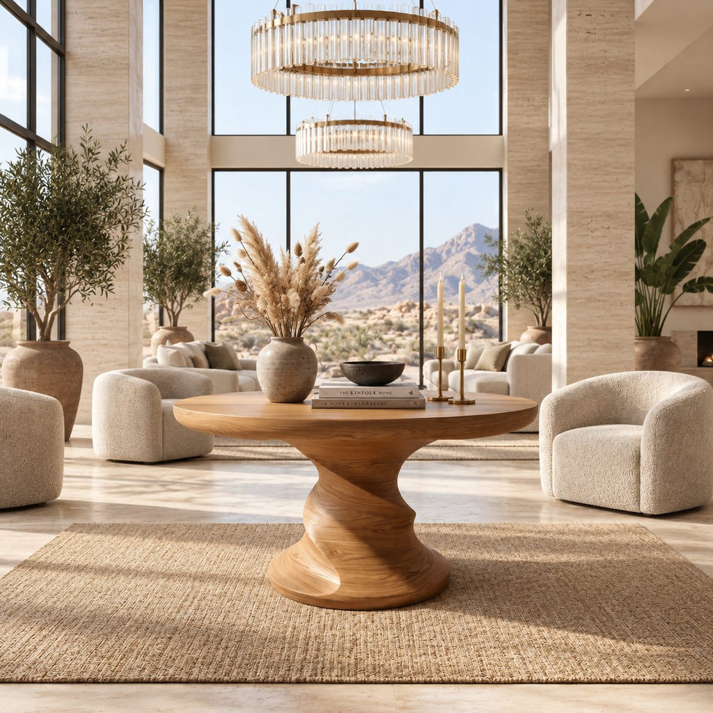 Round Center Table with Spiral Hourglass Pedestal, Sculptural Solid Wood Foyer Table for Hallway