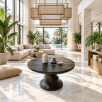 Round Center Table with Spiral Hourglass Pedestal, Sculptural Solid Wood Foyer Table for Hallway