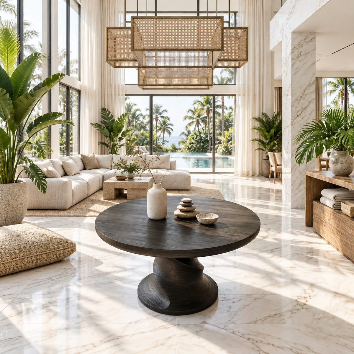 Round Center Table with Spiral Hourglass Pedestal, Sculptural Solid Wood Foyer Table for Hallway