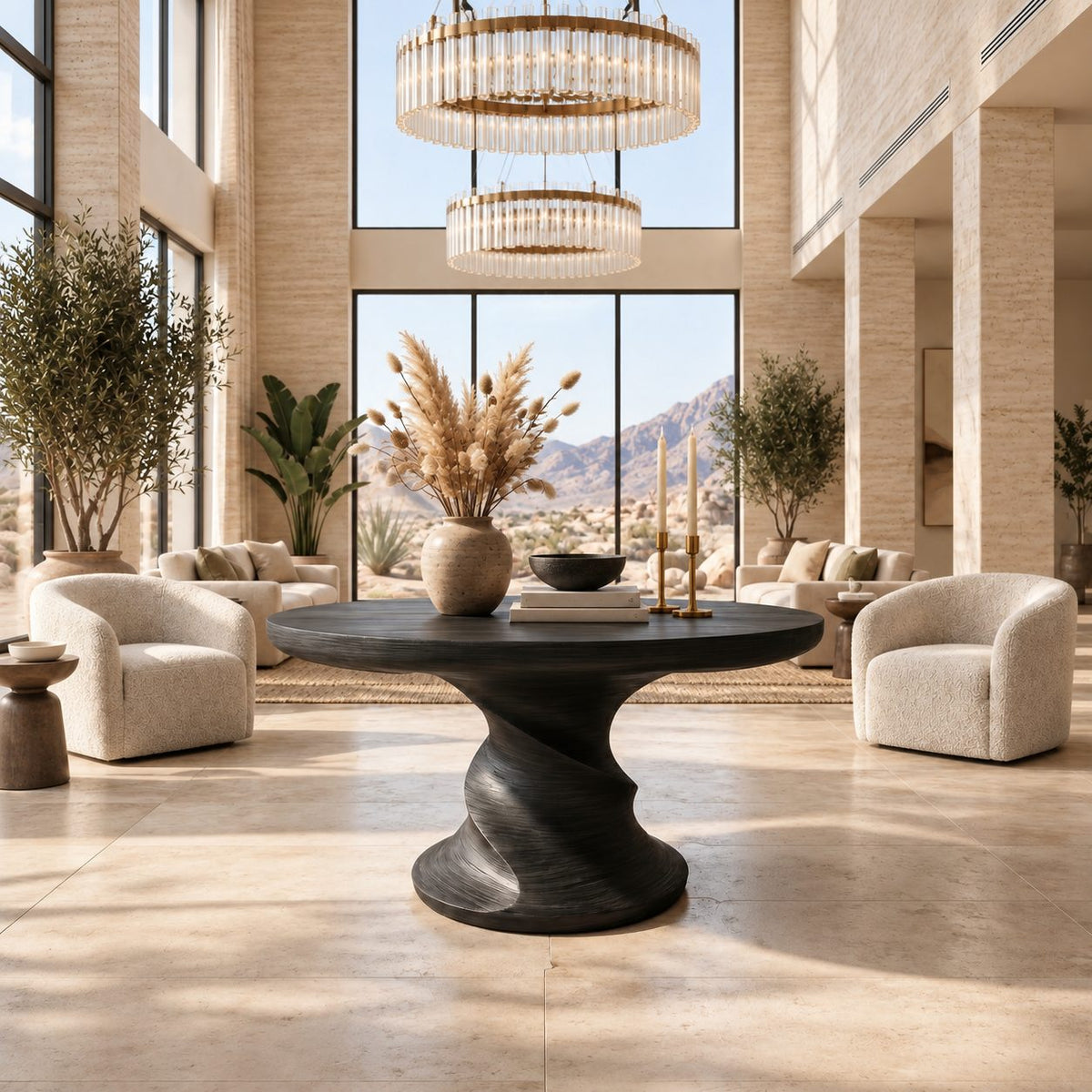 Round Center Table with Spiral Hourglass Pedestal, Sculptural Solid Wood Foyer Table for Hallway