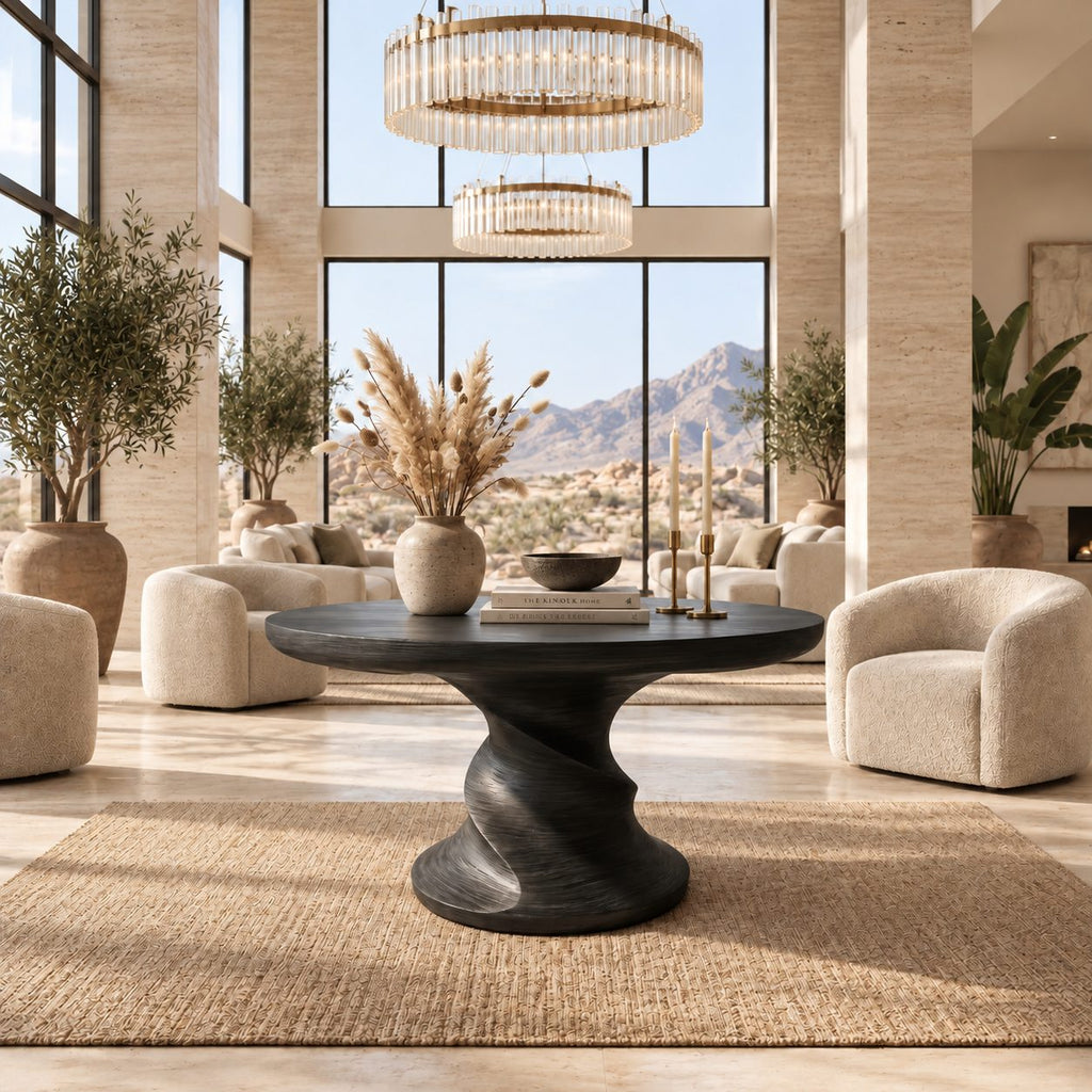 Round Center Table with Spiral Hourglass Pedestal, Sculptural Solid Wood Foyer Table for Hallway
