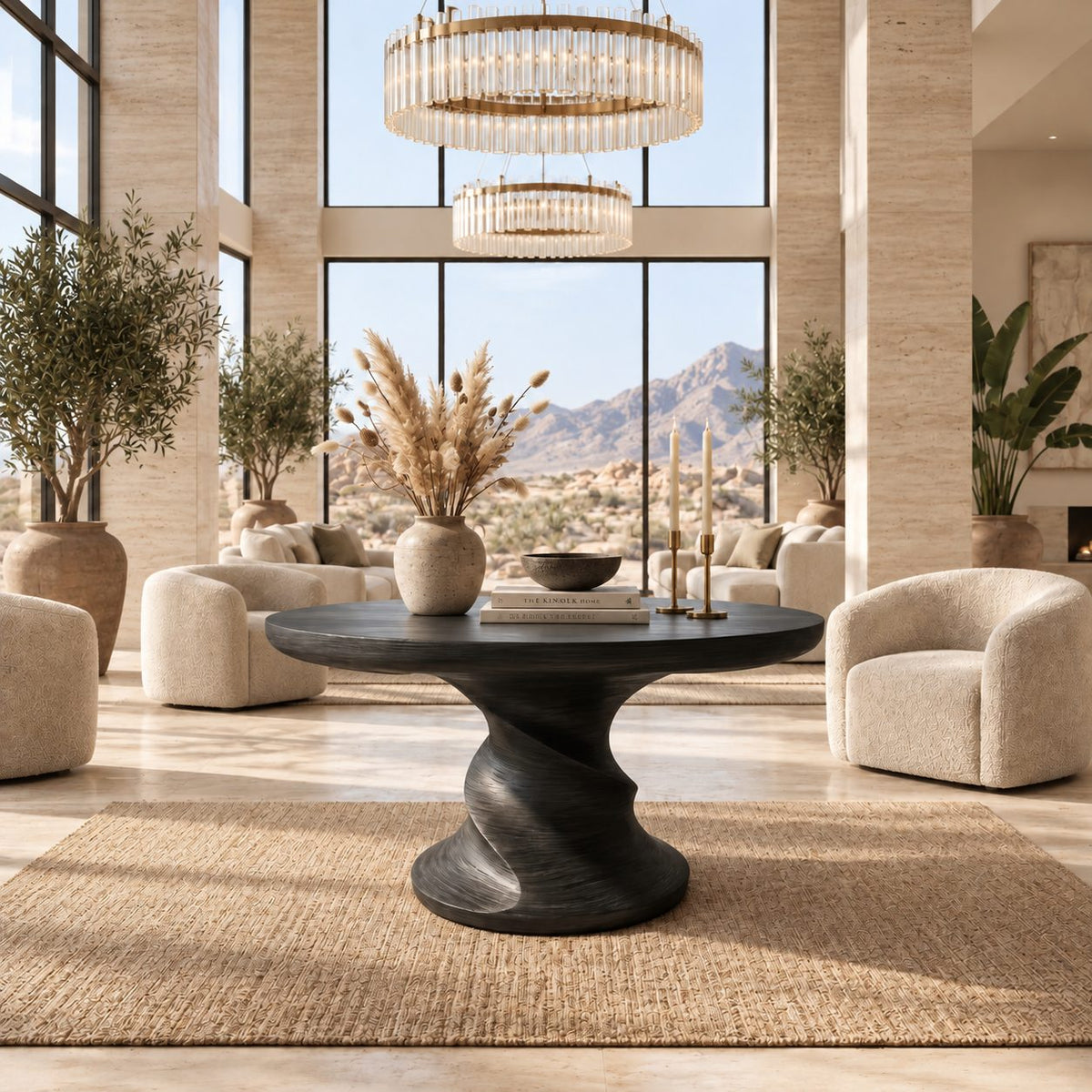 Round Center Table with Spiral Hourglass Pedestal, Sculptural Solid Wood Foyer Table for Hallway