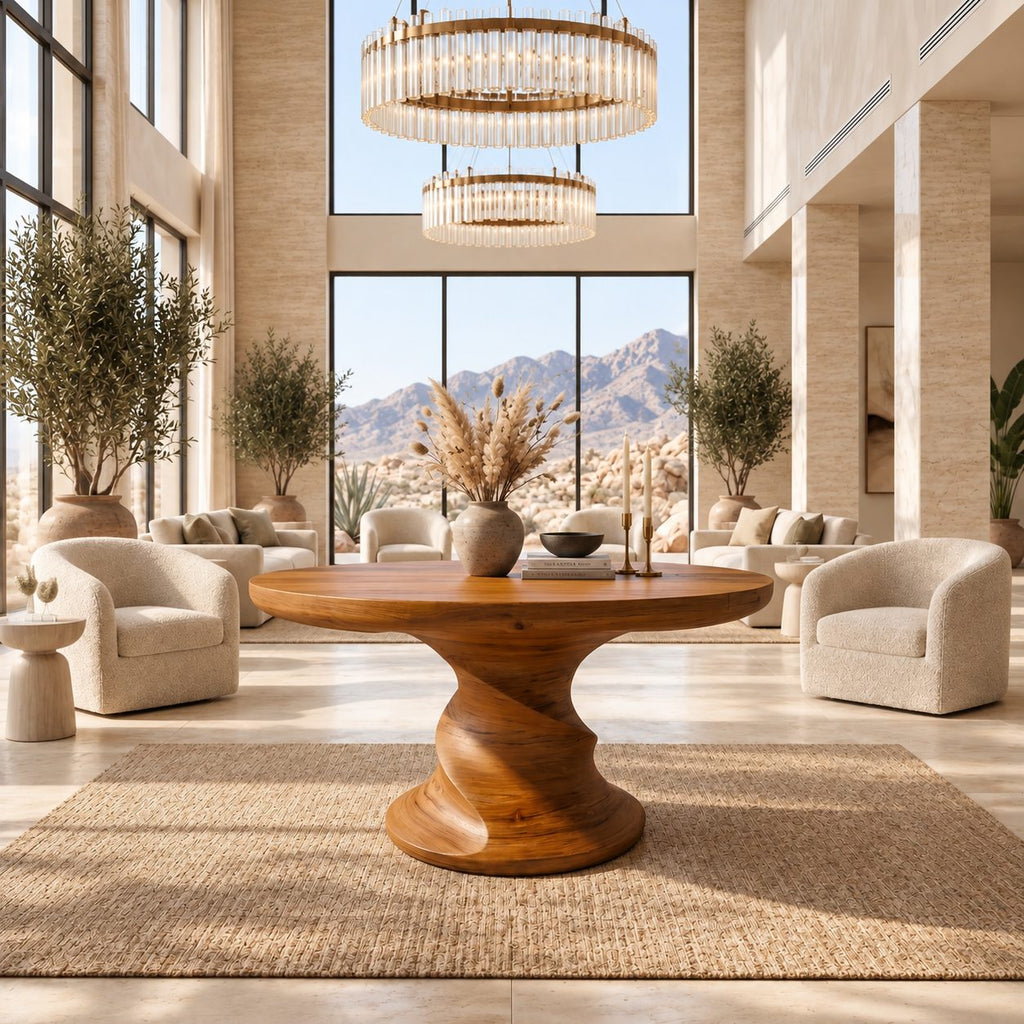 Round Center Table with Spiral Hourglass Pedestal, Sculptural Solid Wood Foyer Table for Hallway