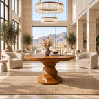 Round Center Table with Spiral Hourglass Pedestal, Sculptural Solid Wood Foyer Table for Hallway
