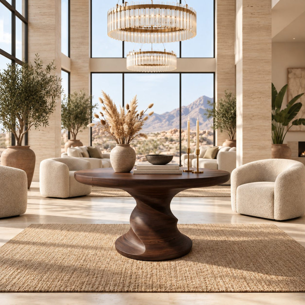 Round Center Table with Spiral Hourglass Pedestal, Sculptural Solid Wood Foyer Table for Hallway