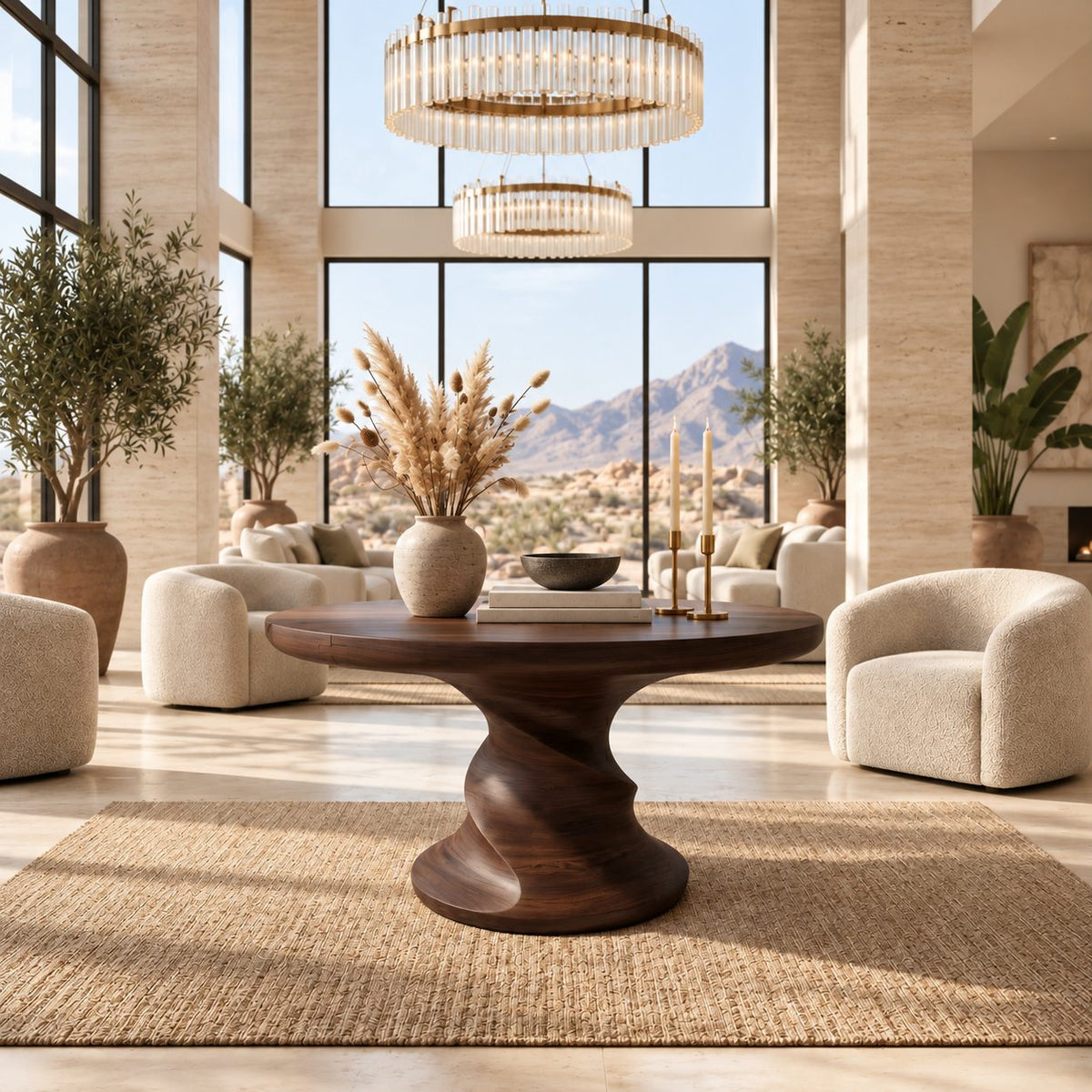 Round Center Table with Spiral Hourglass Pedestal, Sculptural Solid Wood Foyer Table for Hallway