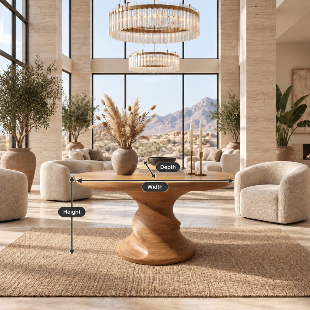 Round Center Table with Spiral Hourglass Pedestal, Sculptural Solid Wood Foyer Table for Hallway