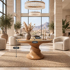 Round Center Table with Spiral Hourglass Pedestal, Sculptural Solid Wood Foyer Table for Hallway