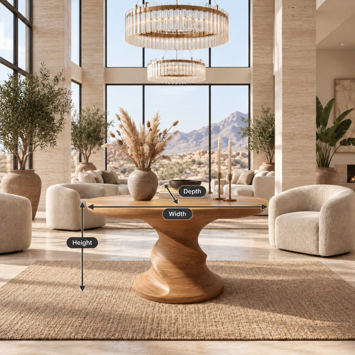 Round Center Table with Spiral Hourglass Pedestal, Sculptural Solid Wood Foyer Table for Hallway