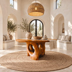 Organic Pierced Base Round Foyer Center Table, Large Sculptural Solid Wood Entryway Table