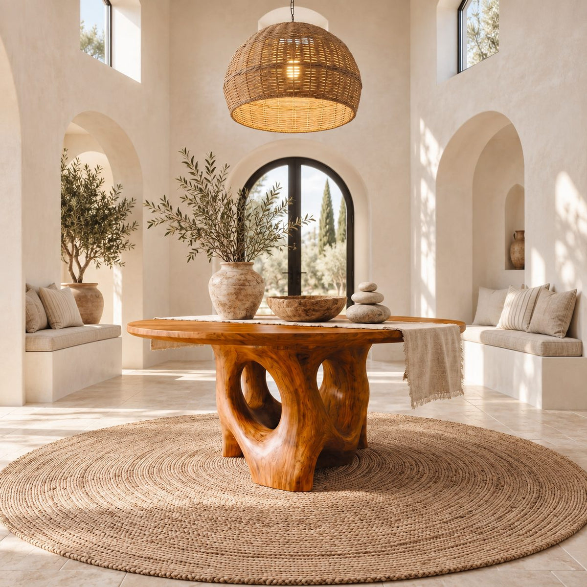 Organic Pierced Base Round Foyer Center Table, Large Sculptural Solid Wood Entryway Table