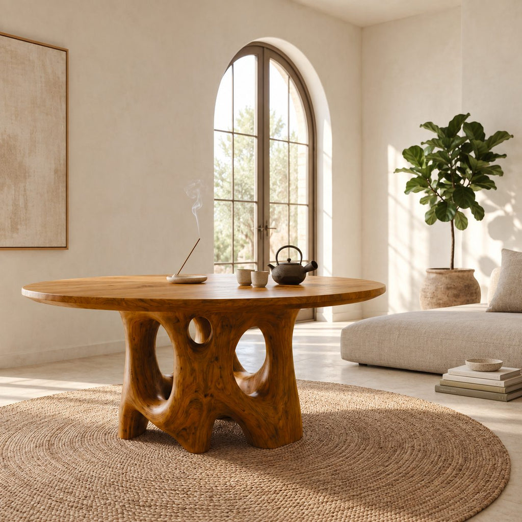 Organic Pierced Base Round Foyer Center Table, Large Sculptural Solid Wood Entryway Table