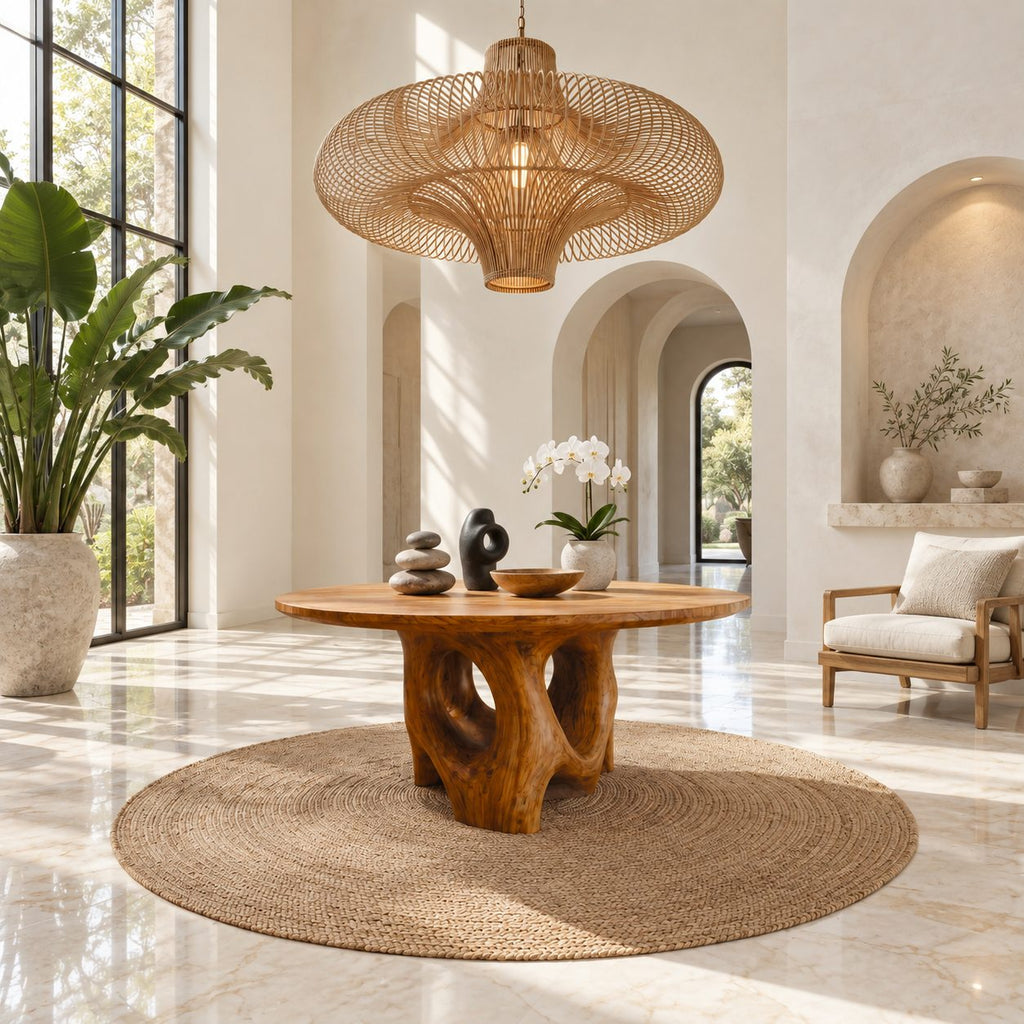 Organic Pierced Base Round Foyer Center Table, Large Sculptural Solid Wood Entryway Table