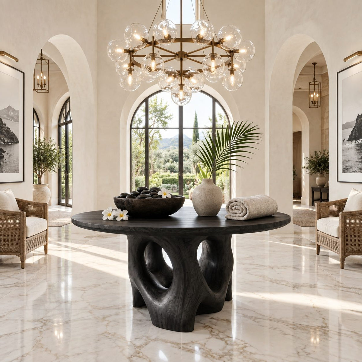 Organic Pierced Base Round Foyer Center Table, Large Sculptural Solid Wood Entryway Table