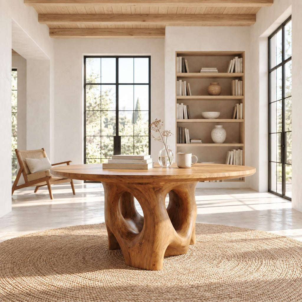Organic Pierced Base Round Foyer Center Table, Large Sculptural Solid Wood Entryway Table