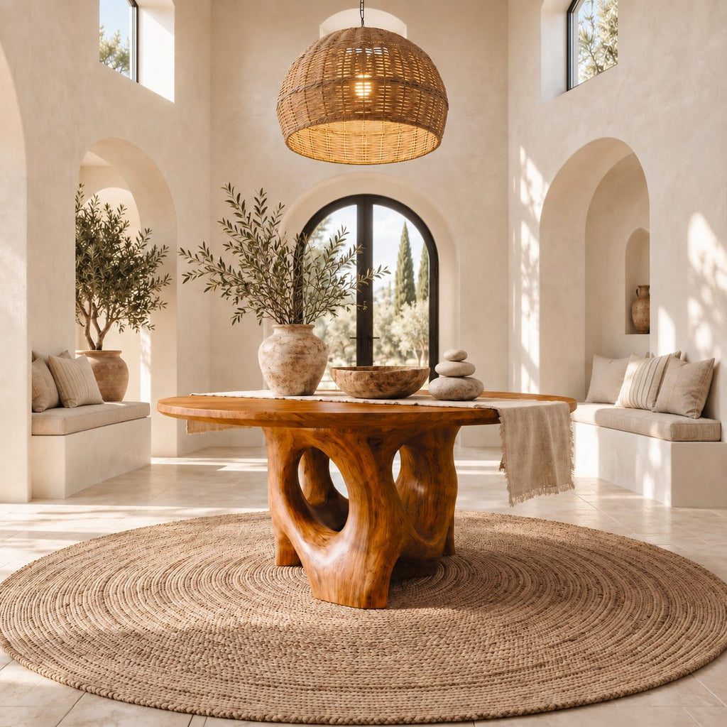 Organic Pierced Base Round Foyer Center Table, Large Sculptural Solid Wood Entryway Table