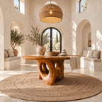 Organic Pierced Base Round Foyer Center Table, Large Sculptural Solid Wood Entryway Table