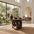 Organic Pierced Base Round Foyer Center Table, Large Sculptural Solid Wood Entryway Table