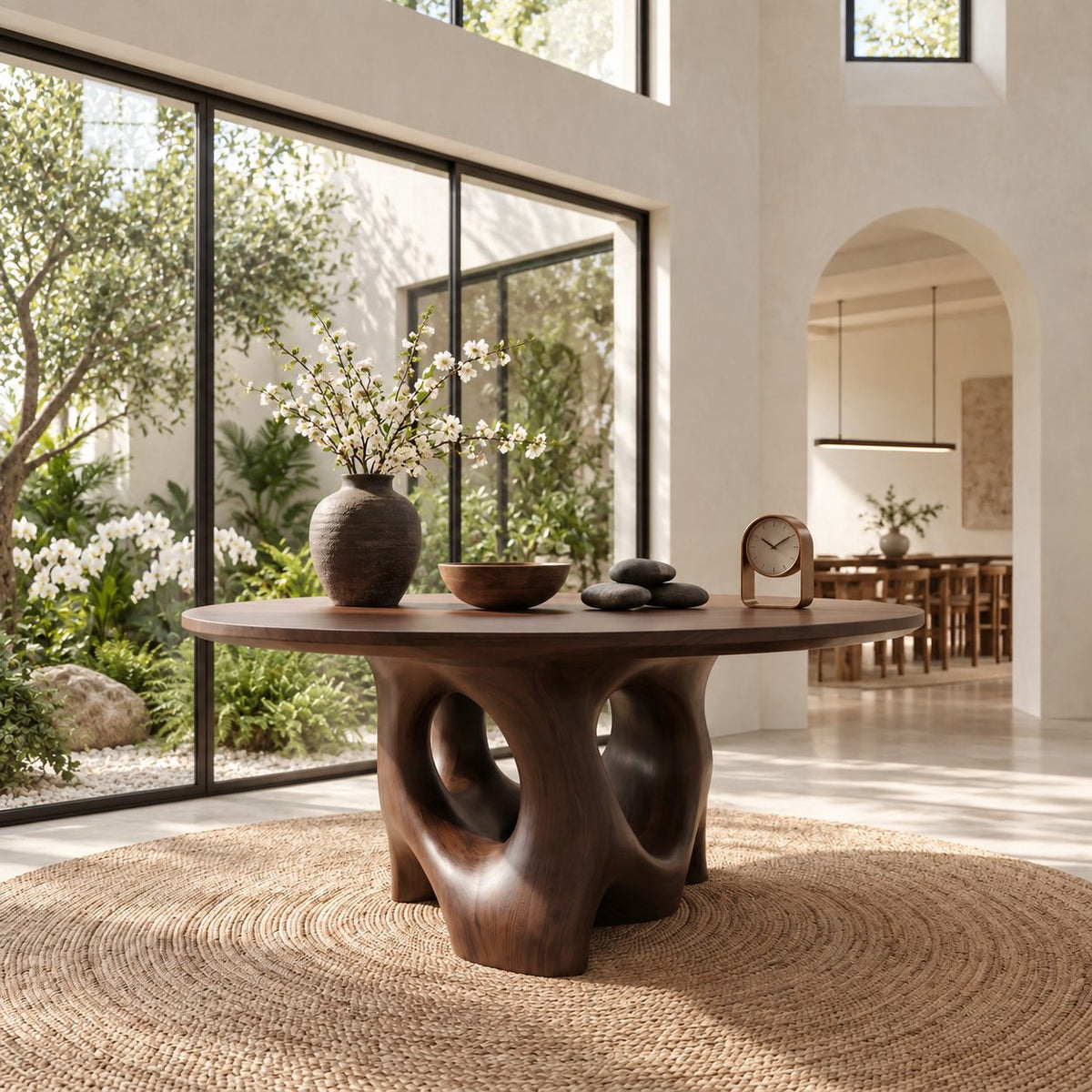 Organic Pierced Base Round Foyer Center Table, Large Sculptural Solid Wood Entryway Table