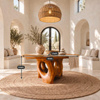 Organic Pierced Base Round Foyer Center Table, Large Sculptural Solid Wood Entryway Table