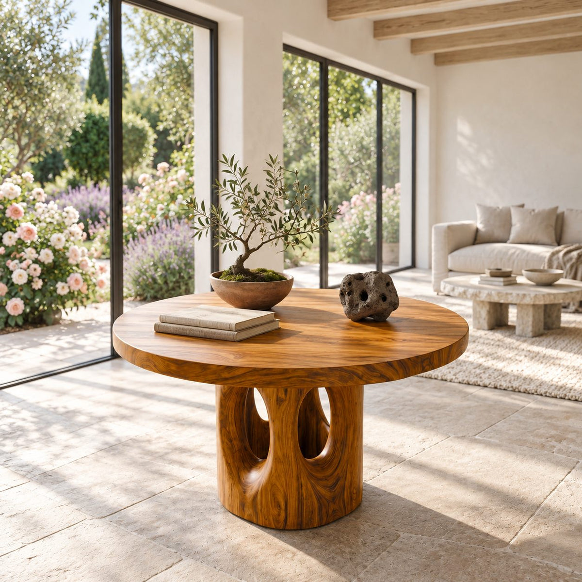Round Foyer Center Table with Pierced Stump Pedestal, Large Solid Wood Entryway Table for Grand Hall