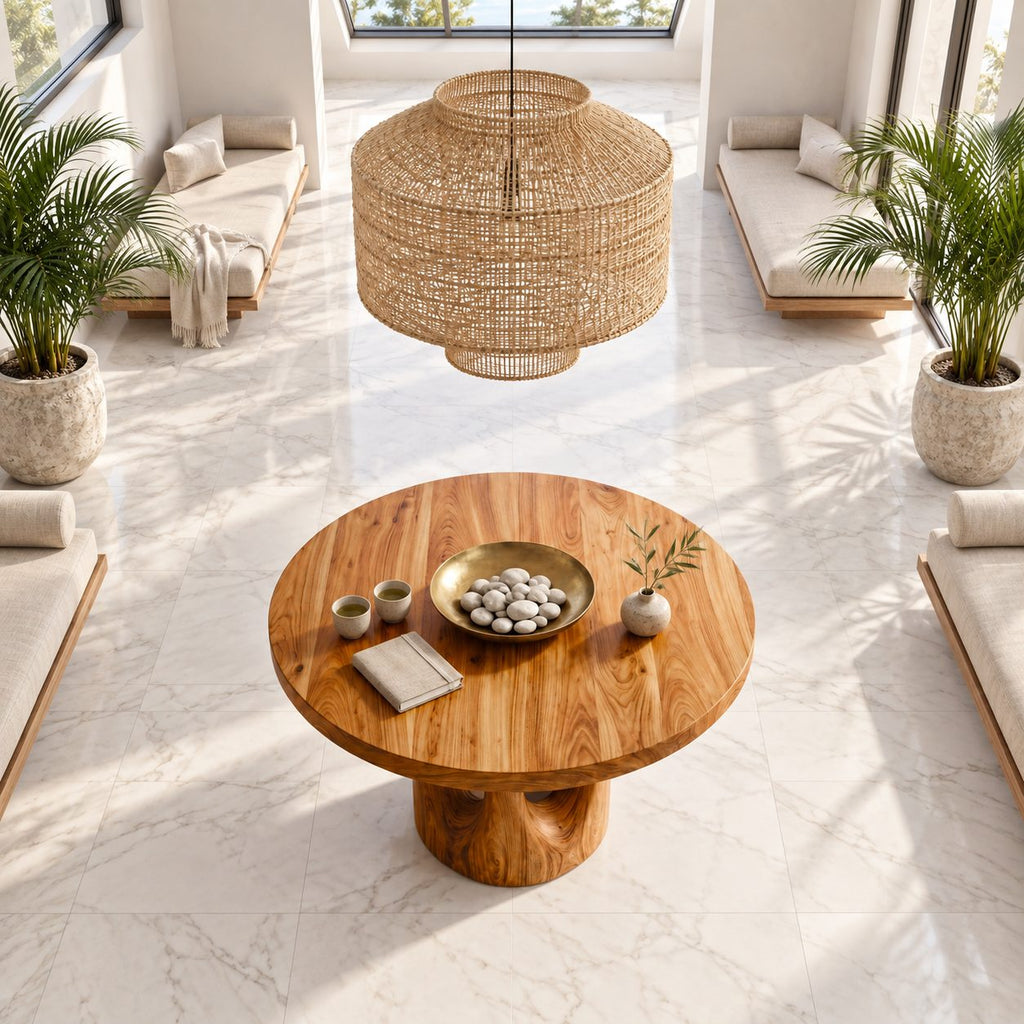 Round Foyer Center Table with Pierced Stump Pedestal, Large Solid Wood Entryway Table for Grand Hall