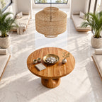 Round Foyer Center Table with Pierced Stump Pedestal, Large Solid Wood Entryway Table for Grand Hall