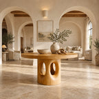 Round Foyer Center Table with Pierced Stump Pedestal, Large Solid Wood Entryway Table for Grand Hall