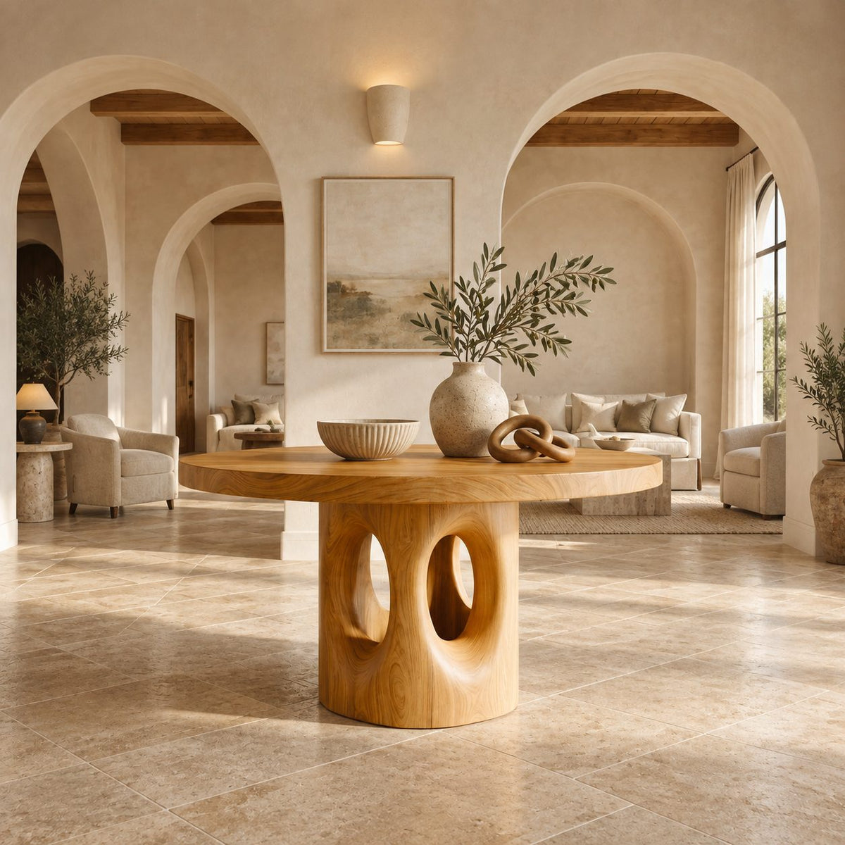 Round Foyer Center Table with Pierced Stump Pedestal, Large Solid Wood Entryway Table for Grand Hall