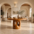 Round Foyer Center Table with Pierced Stump Pedestal, Large Solid Wood Entryway Table for Grand Hall