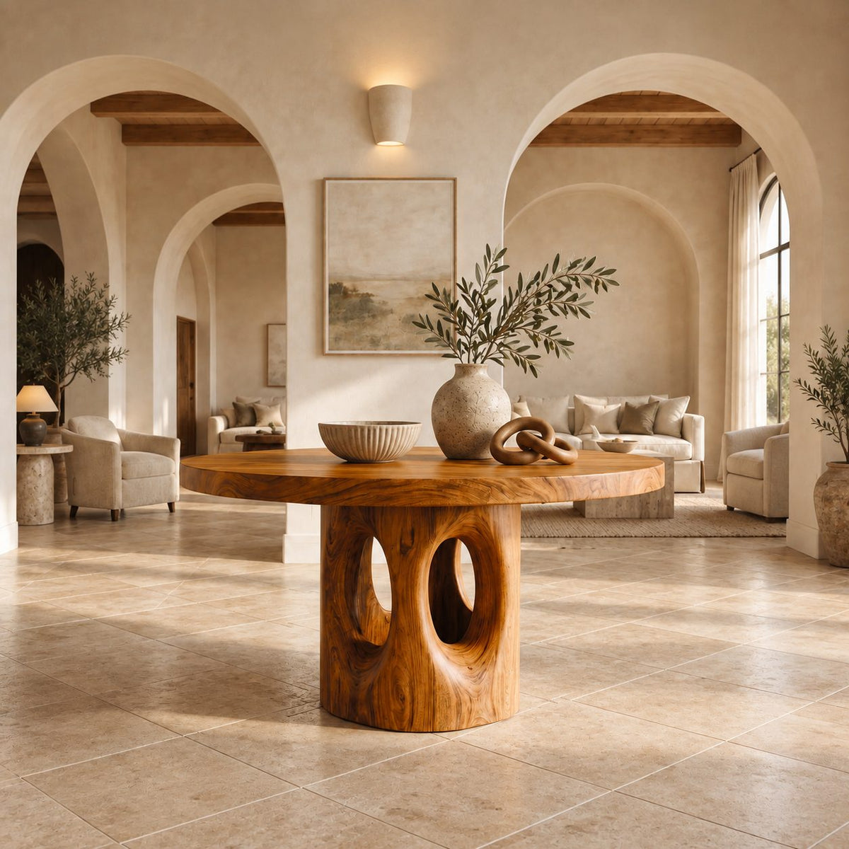 Round Foyer Center Table with Pierced Stump Pedestal, Large Solid Wood Entryway Table for Grand Hall