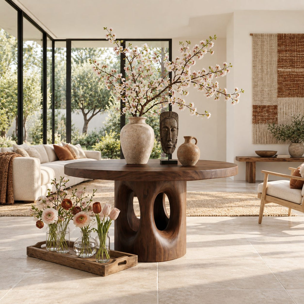 Round Foyer Center Table with Pierced Stump Pedestal, Large Solid Wood Entryway Table for Grand Hall