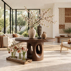 Round Foyer Center Table with Pierced Stump Pedestal, Large Solid Wood Entryway Table for Grand Hall