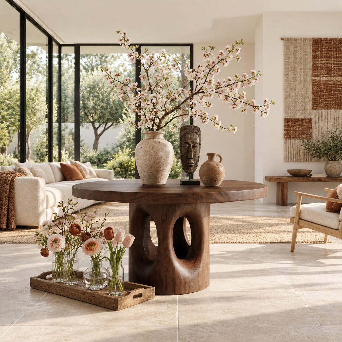 Round Foyer Center Table with Pierced Stump Pedestal, Large Solid Wood Entryway Table for Grand Hall