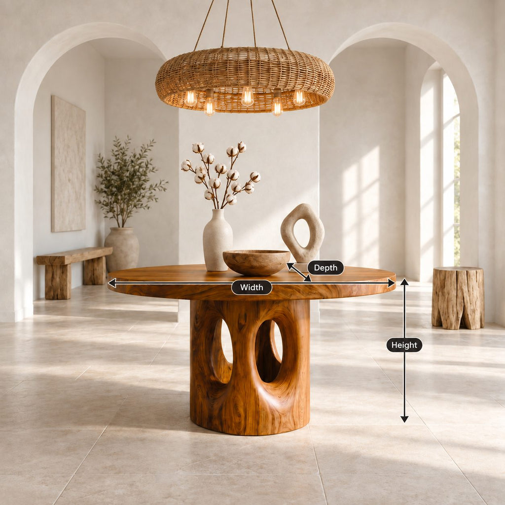 Round Foyer Center Table with Pierced Stump Pedestal, Large Solid Wood Entryway Table for Grand Hall