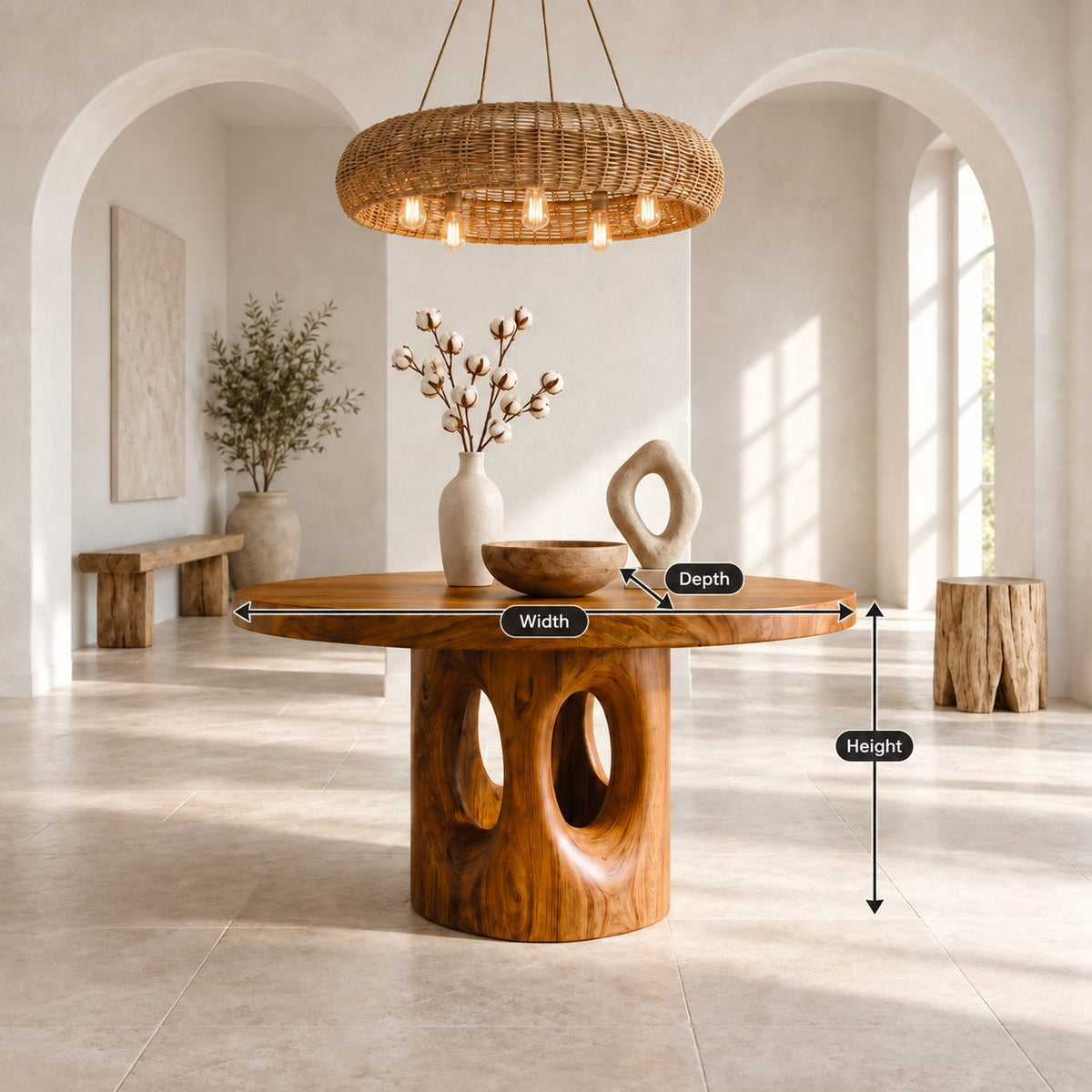 Round Foyer Center Table with Pierced Stump Pedestal, Large Solid Wood Entryway Table for Grand Hall
