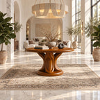 Round Entry Table with Carved Tulip Petal Pedestal on Plinth, Large Solid Wood Foyer Center Table