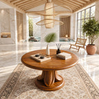 Round Entry Table with Carved Tulip Petal Pedestal on Plinth, Large Solid Wood Foyer Center Table